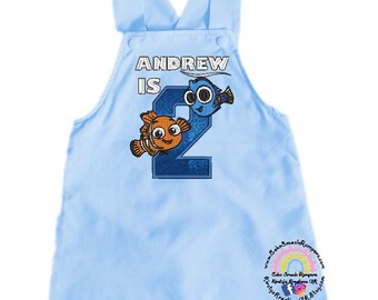 Nemo Dory Themed Shortalls for Birthday Cake Smash Photoshoots & Parties. Fantastic Handmade Short Leg Dungaree-style Romper Outfit