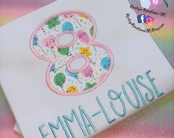 Cute Kawaii Style Applique Birthday T-Shirt Embroidered Shirt with Birthday Number or Initial Personalised Birthday Shirt Smash UK prop