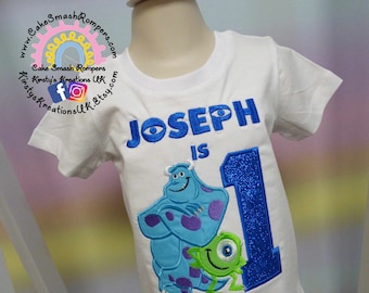 Monsters Inc Inspired Birthday T-shirt Cotton Boy Girl Unisex Crew Neck Tee Personalised Embroidered Outfit 1st 2nd 3rd 4th Mike Sully Boo