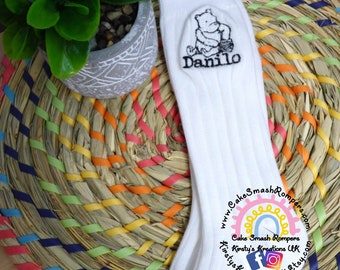Classic Pooh Bear and Piglet Personalised Embroidered Baby/Infant/Toddler/Childrens Sock Black Cotton Mix Knee High Sock