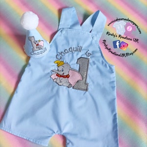 Dumbo Shortalls for 1st Birthday Cake Smash Photoshoots and parties. Fantastic Handmade boys short leg dungaree overall style romper outfit