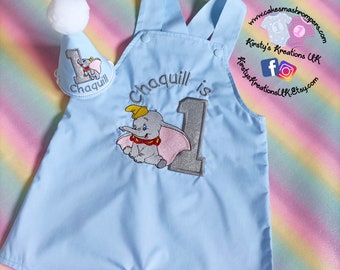 Dumbo Shortalls for 1st Birthday Cake Smash Photoshoots and parties. Fantastic Handmade boys short leg dungaree overall style romper outfit