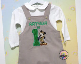 Neutral Mickey Mouse Safari Explorer Wild One Two Handmade Luxury Linen Cotton Birthday Outfit Cake Smash Romper Dungarees Boys Photoshoot