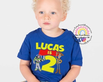 Toy Story Inspired Embroidered Birthday Tee Shirt Cowboy and Spaceman Birthday Themed Cotton T-shirt Personalised Toy Style Story Boy