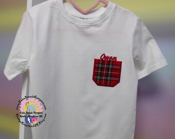 Children's Tartan Pocket Tshirt Scottish Tartan Design White Tshirt for Boys Girls Babies Christmas New Year Holiday Shirt Burns Night