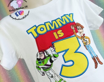 Toy Story Inspired Embroidered Birthday Tee Shirt Cowboy and Spaceman Birthday Themed White Cotton T-shirt Personalised Toy Style Story Boy