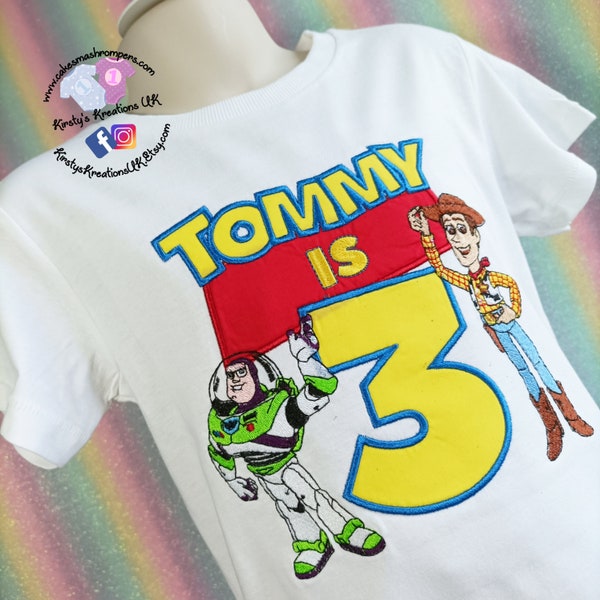 Toy Story Inspired Embroidered Birthday Tee Shirt Cowboy and Spaceman Birthday Themed White Cotton T-shirt Personalised Toy Style Story Boy
