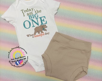Bear Hunt Today I am the BIG ONE Birthday Cake Smash Outfit Party Photo Prop Vest Top & Bloomer Bummie Pants Outfit Jam Pants Cotton