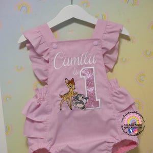 Mono de lujo de Disney Bambi y Tambor para primer cumpleaños: traje femenino con volantes personalizado y hecho a mano, mono ideal para sesión de fotos de cumpleaños.