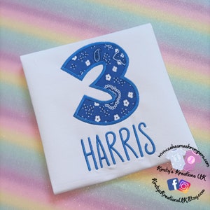 Blue Paisley Print Cowboy CowGirl Birthday T-Shirt Embroidered Shirt with Birthday Number or Initial Personalised Birthday Shirt Smash UK