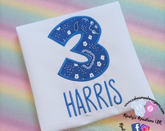 Blue Paisley Print Cowboy CowGirl Birthday T-Shirt Embroidered Shirt with Birthday Number or Initial Personalised Birthday Shirt Smash UK
