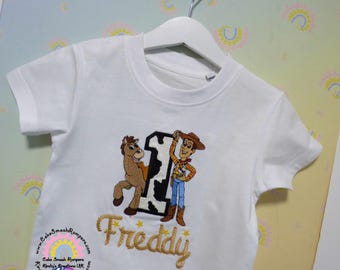 Woody's Round Up Inspired Embroidered Birthday Tee Shirt Cowboy Themed White Cotton T-shirt Personalised Toy Style Story Boy Party Shirt
