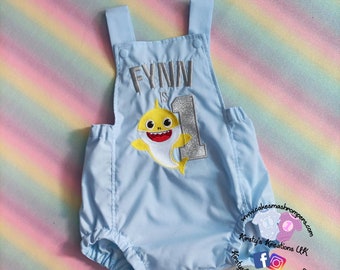Baby Shark Boys Handmade Luxury Cake Smash Romper Outfit for 1st Birthday Photo Prop Outfit Embroidered & Personalised Perfect for Photos UK