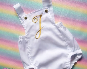 Handmade Baby Romper With Personalised Initial in Gold Metallic thread. Newborn - 2years Great as a Gift - Perfect for Parties & Photoshoots