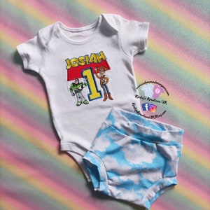Toy Story Baby Boy 1st Birthday Cake Smash Outfit Party Photo Prop Vest Top and Bloomer Bummie Pants Personalised Boy Story Baby Outfit
