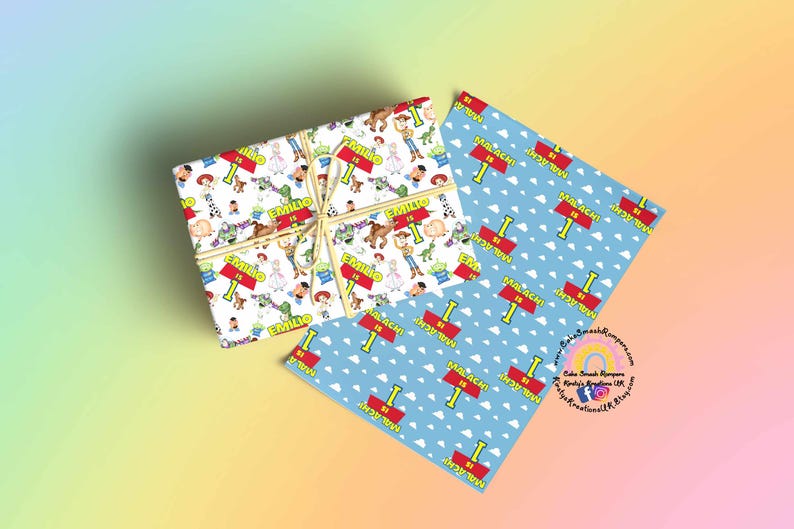 May include: Two sheets of wrapping paper featuring a Toy Story theme. One sheet has a blue background with white clouds and the text "I am 1" repeated. The other sheet has a white background with a variety of Toy Story characters and the text "Emilio is 1".