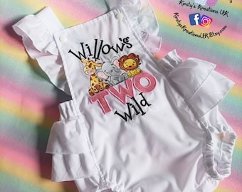 Safari Themed Birthday Cake Smash Frilled Romper Two Wild Luxury Handmade Personalised Outfit. Great for parties and photoshoots