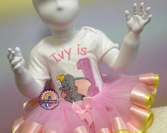 Baby Girl Birthday Dumbo Pink Tutu Birthday Outfit. Baby Pink Tutu 1st Birthday Girls 2nd Birthday Outfit. Ribbon Tutu Glitter Sparkle 3 4 5