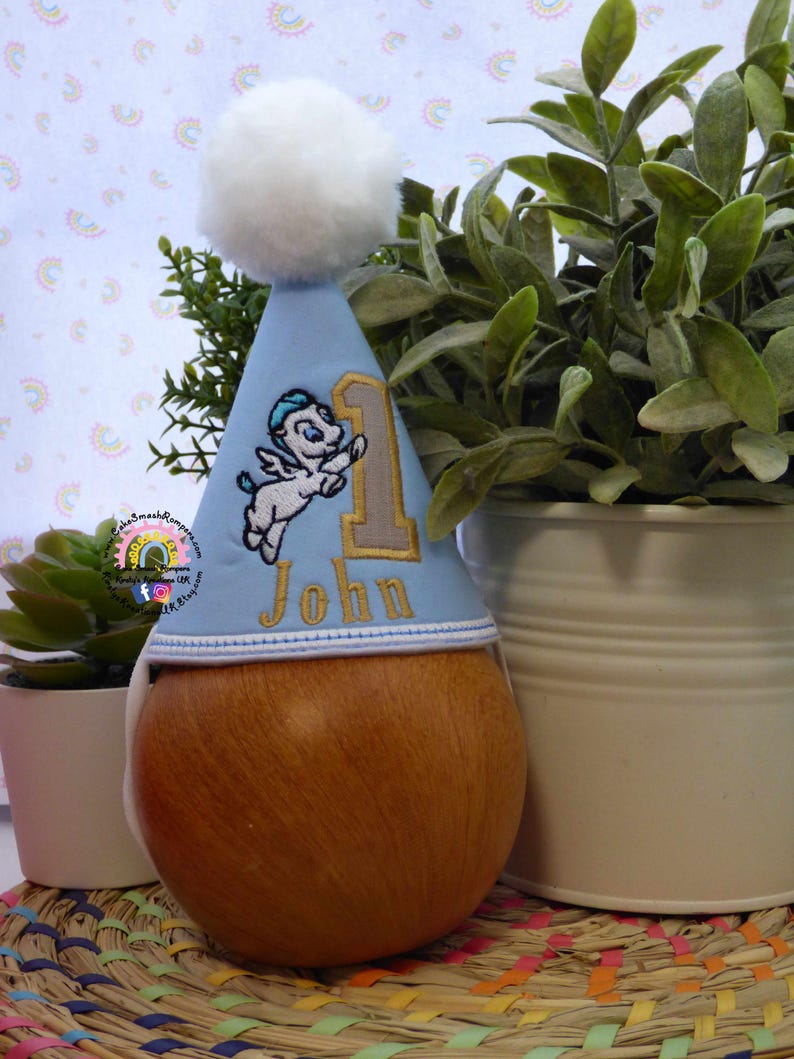 May include: A light blue birthday party hat with a white pom-pom and the number "1". The hat features an embroidered cartoon Pegasus and the name "John". The hat is placed on a wooden object.