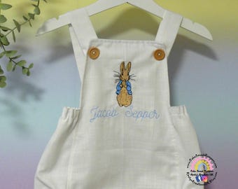 Personalised Peter Rabbit Embroidered Romper - Handmade embelished Linen Cotton Romper