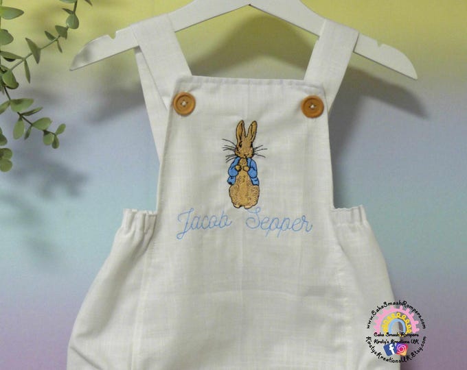 Featured listing image: Personalised Peter Rabbit Embroidered Romper - Handmade embelished Linen Cotton Romper