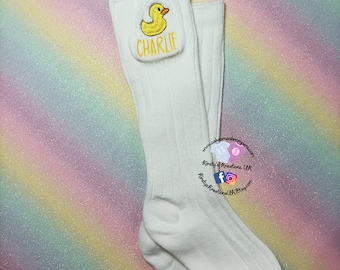 Personalised Yellow Duck Baby/Infant/Toddler/Childrens Sock Cotton Knee Sock Rubber Duck Bath Duckie Birthday Outfit Character Sock boy girl