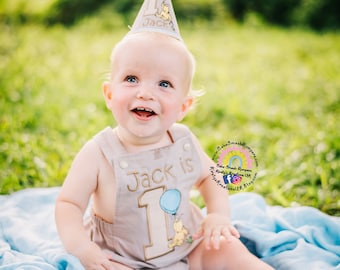 Neutral Classic Winnie the Pooh Linen 1st Birthday Outfit - Handmade Cake Smash Romper Outfit Photo Prop Luxury Unisex  Piglet Blustery Day