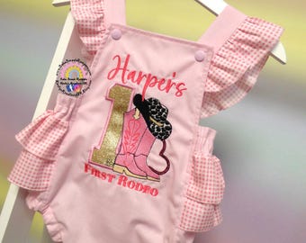 Pink Gingham Cowgirl First Birthday 1st Rodeo Cake Smash Romper Outfit Personalised Little Girls Baby Birthday Sunsuit Cowgirl Boots