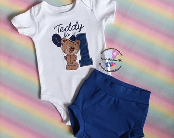 Baby Boy Teddy Bear Bloomer Bummie Cake Smash Set - Handmade Cake Smash Photo Prop First Birthday Outfit Girls 1st/2nd Birthday