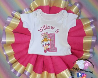 Girls Upsy Daisy Night Garden Birthday Tutu Set|Cerise Pink Tutu 1st Birthday|Girls 2nd Birthday|Double Ribbon Trim Tutu Glitter
