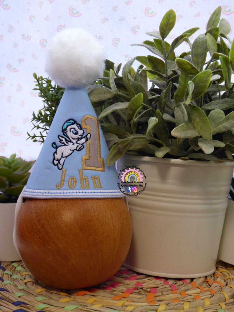 May include: A light blue birthday party hat with a white pom-pom, embroidered with a Pegasus and the number 1 in gold. The name "John" is embroidered below the number. The hat is displayed on a wooden form.