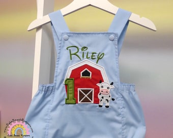 Boys Red Barn & Cow Cake Smash Romper Moo Cow Barnyard Farm Themed Birthday Outfit Frilled Romper with Embroidered Cow Motif 2nd 1st
