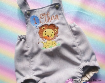 Safari Lion Wild One 1st Birthday Cake Smash Romper - great for photos and parties. Handmade embroidered children's outfit Luxury Linen Look