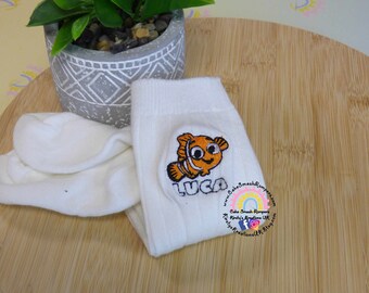 Baby & Childrens Nemo Personalised Embroidered Sock Set - Cotton Rich Knee High Sock Child's Name Monogram White Sock High Boy Girl Unisex