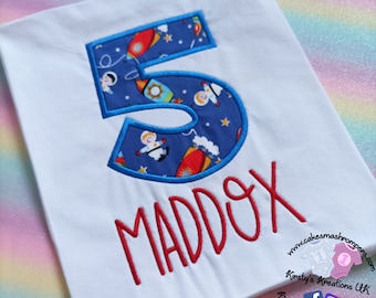 Spaceman Birthday T-Shirt Embroidered Shirt Age 1/2/3/4/5/6/7/8/9/10/11/12 Birthday Personalised Birthday Shirt Prop FREE DELIVERY