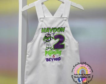 Two Infinity Birthday Dungaree Overall Shortalls. Handmade Shortie JonJon Outfit Great for 2nd Birthday Buzz Lightyear themed parties