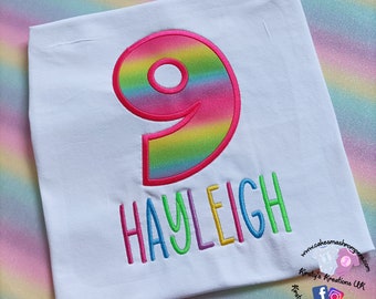Multi Colour Glitter Birthday T-Shirt Embroidered Shirt 1/2/3/4/5/6/7/8/9/10/11/12 Birthday Personalised Birthday Shirt Prop FREE DELIVERY