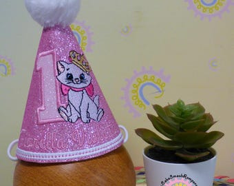 Marie the Cat Aristocat Inspired 1st Birthday Super Sparkly Glitter Party Hat - Pink Sparkle Glitter Hat - 2nd 3rd Birthday Girl Party Hat