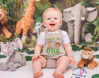 Handmade Jungle Safari First Birthday Cake Smash Romper Outfit Wild One Baby Birthday Wild Boy Linen Look Luxury 1st Birthday Clothing