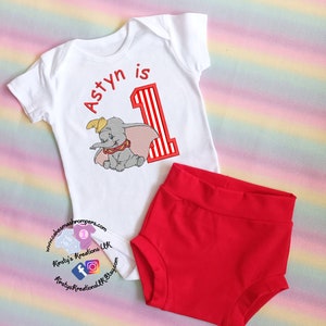 Circus Dumbo Elephant Baby Boy 1st Birthday Cake Smash Outfit Party Photo Vest Top and Bloomer Bummie Pants Personalised Embroidered Outfit