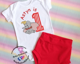 Circus Dumbo Elephant Baby Boy 1st Birthday Cake Smash Outfit Party Photo Vest Top and Bloomer Bummie Pants Personalised Embroidered Outfit