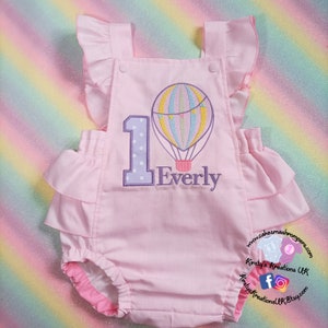 Pastel Hot Air Balloon Girls First Birthday Cake Smash Romper with Frills - Lilac/Pink/Mint/Yellow Paster Balloon Embroidery Flags Basket