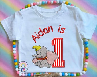 Dumbo Circus Inspired Birthday T-shirt Cotton Boy Girl Unisex Crew Neck Tee Personalised Embroidered Outfit 1st 2nd 3rd 4th Crew Puff Sleeve