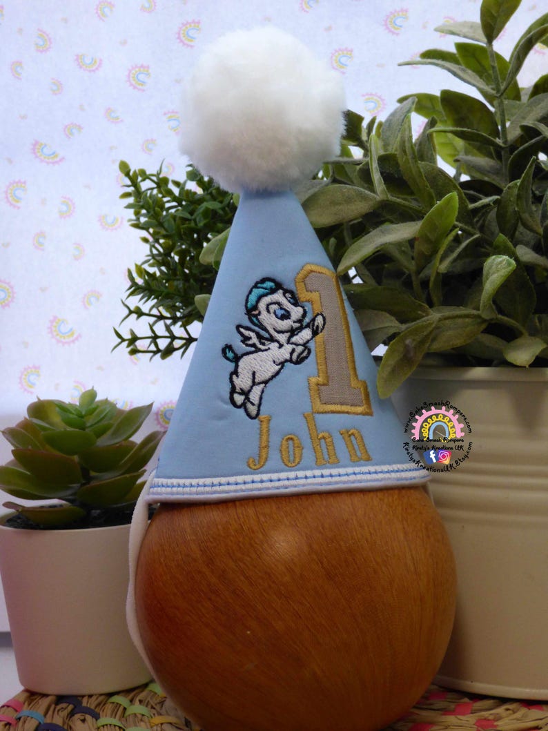 May include: A light blue birthday party hat with a white pom-pom on top. The hat features an embroidered cartoon Pegasus and the number 1 in gold. The name "John" is embroidered in gold below the number.