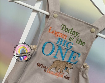 Luxury Bear Hunt Themed Birthday Cake Smash Romper - 1st Birthday Linen Look Handmade Personalised Outfit. Great for parties and photoshoots
