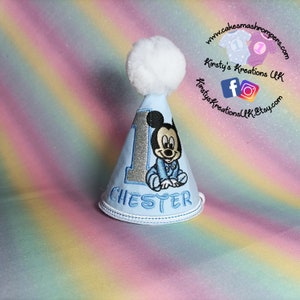 Cuties Baby Mickey Mouse Personalised Birthday Party Hat -Baby Blue 1st Birthday Milestone Marker Birthday Hat Photo Prop Disney Baby Mickey