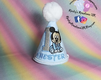 Cuties Baby Mickey Mouse Personalised Birthday Party Hat -Baby Blue 1st Birthday Milestone Marker Birthday Hat Photo Prop Disney Baby Mickey