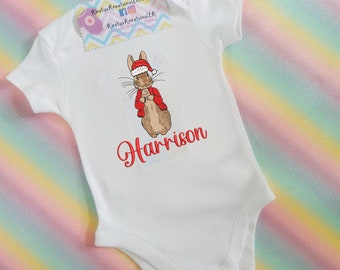 Ist Christmas Peter Rabbit inspired Personalised Baby Bummie Bodysuit and Socks set - Jersey Bummie Pant Embroidered Sock Cotton Bodysuit
