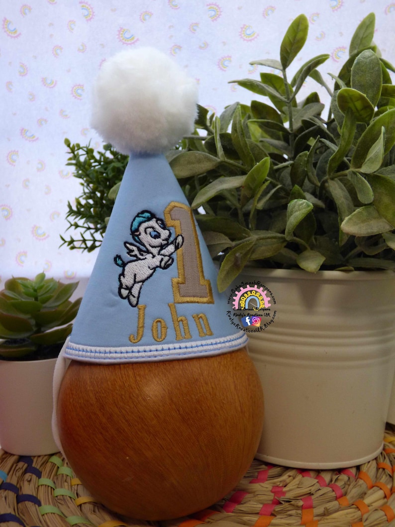 May include: A light blue birthday party hat with a white pom-pom and embroidered details. The hat features a cartoon Pegasus, the number 1, and the name "John" in gold thread. The hat is placed on a wooden base.