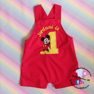 Mickey Mouse Themed Shortalls for Birthday Cake Smash Photoshoots & Parties. Fantastic Handmade Short Leg Dungaree-style Romper Outfit
